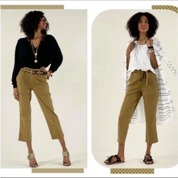 Cabi Brown Discovery Trouser Utility Front Tie Elastic Waist Cropped Pants Boho - Picture 2 of 15